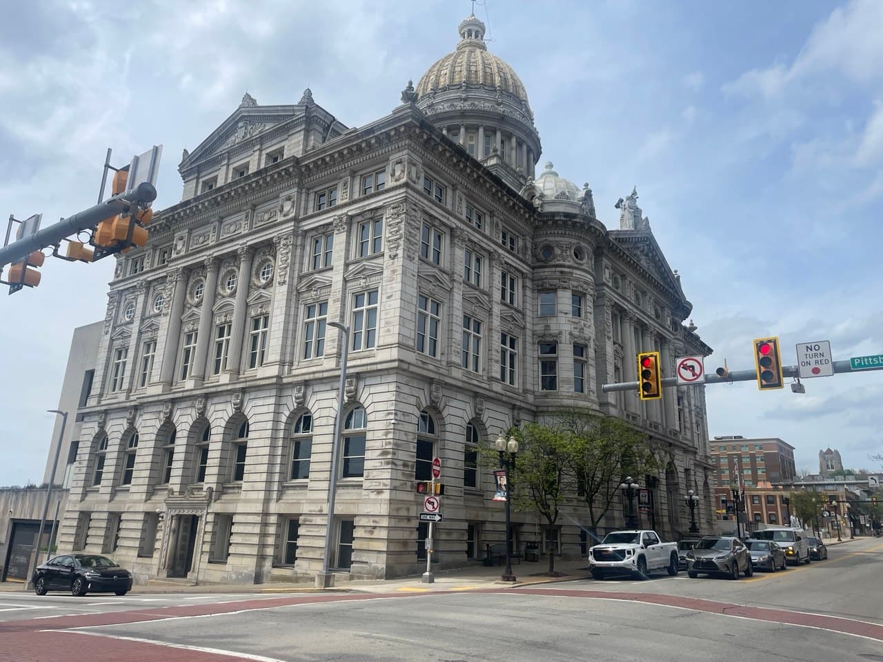 Westmoreland County Courthouse in downtown Greensburg from a nearby street corner